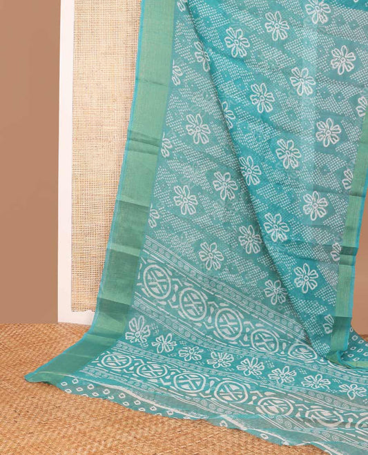 Sea blue floral, geometric design budget cotton saree with self zari design border