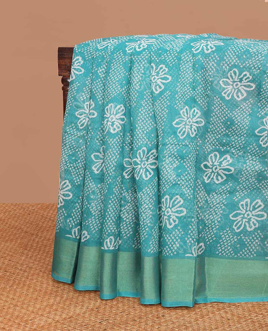 Sea blue floral, geometric design budget cotton saree with self zari design border