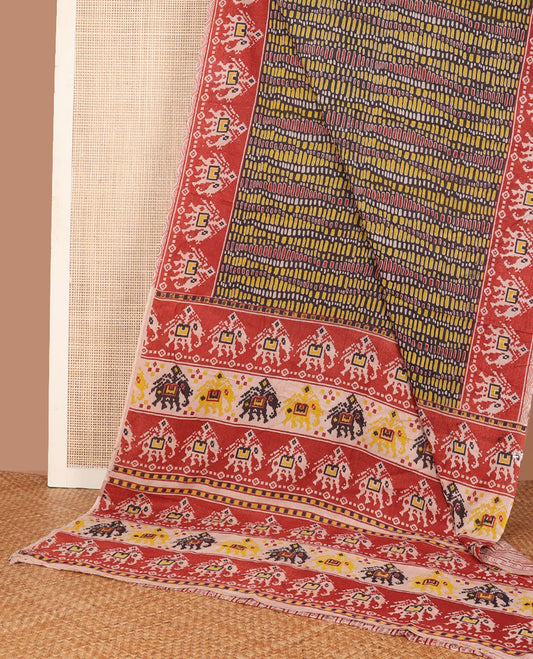 Brown geometric machine-printed kalamkari cotton saree, contrast printed border & pallu of Patola-style elephant motifs print