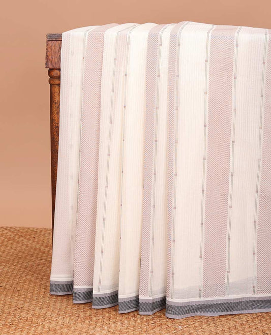 Cream geometric patterned Coimbatore cotton saree, contrast thread border, and pallu of floral designs