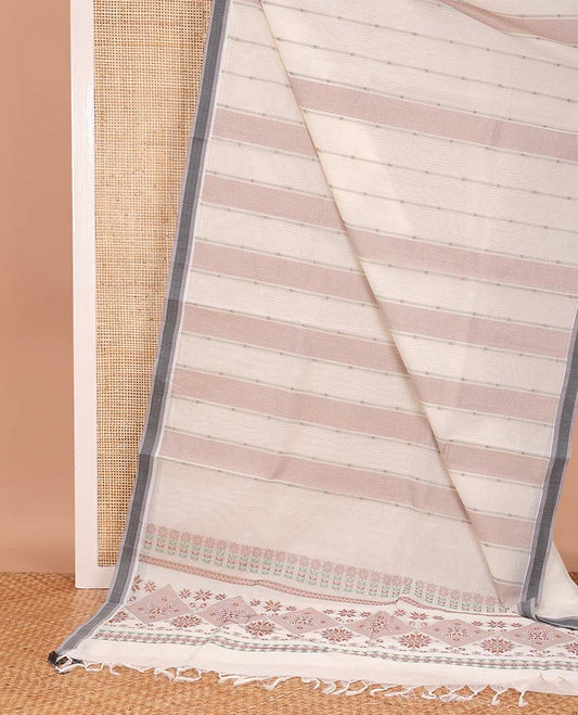 Cream geometric patterned Coimbatore cotton saree, contrast thread border, and pallu of floral designs