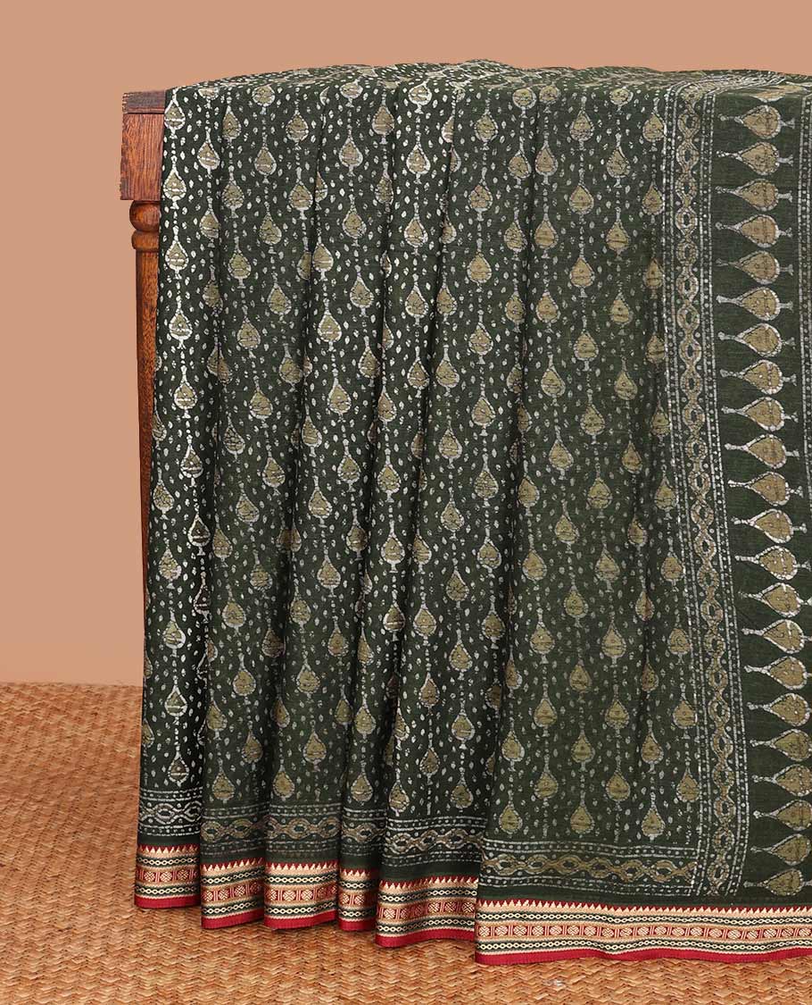 Dark mehendi green batik printed mul mul cotton saree, contrast traditional thread border, and pallu of intricate print