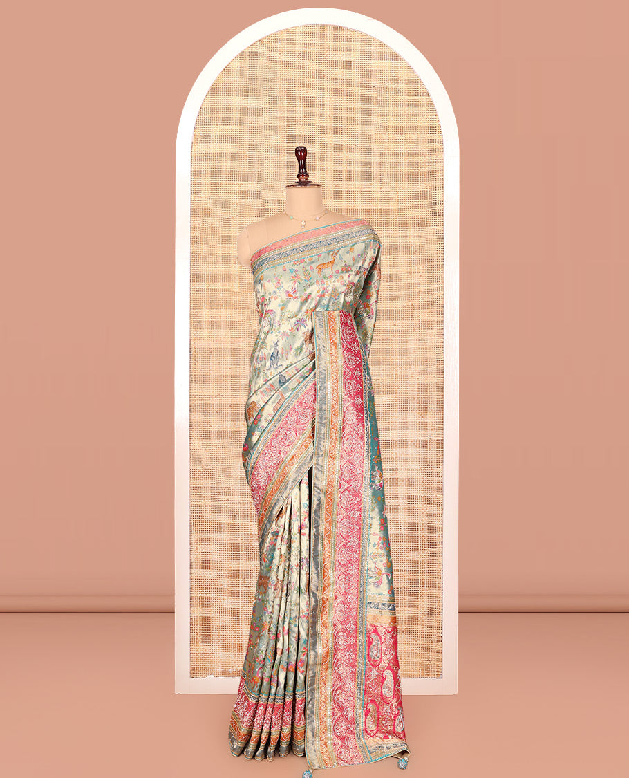 Blue Dola Silk Saree, Gracefully Embellished with Floral and Fauna Design on Its Body, Highlighted by Traditional Motif Stone Work Border, Pallu of Paisley Design, and Paired with a Contrast Blouse