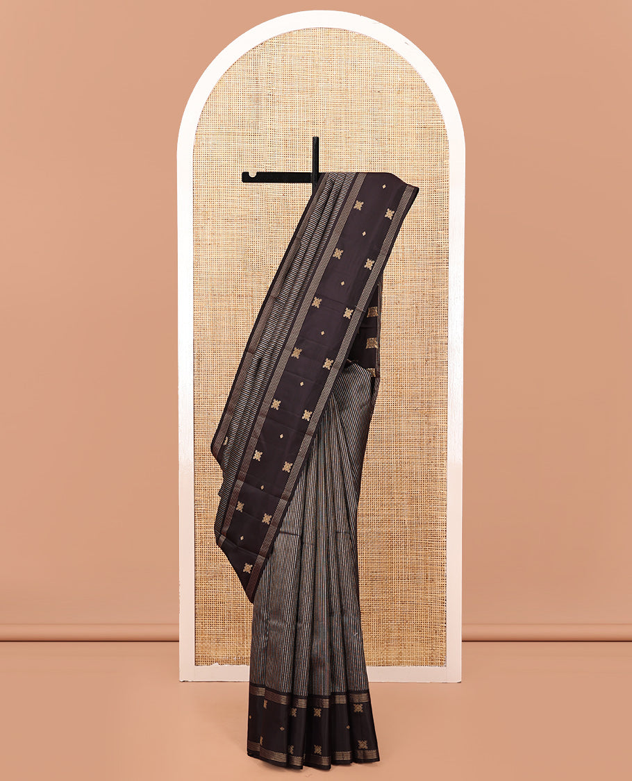 Dark Brown Vasundhara Silk Saree, Elevated with Zari Stripes, Highlighted by a Unique Zari Design Border, Jaal Pallu, and a Matching Blouse