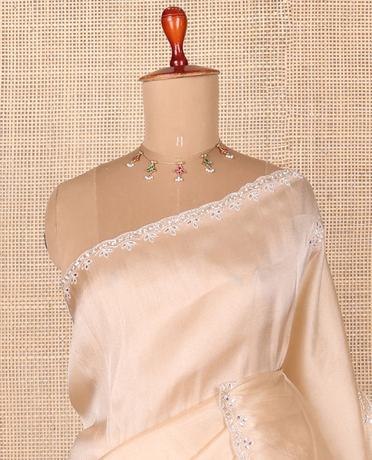 Sandal embroidered designer saree, scallop embroidery border with contrast round neck, floral embroidered readymade elbow sleeve blouse