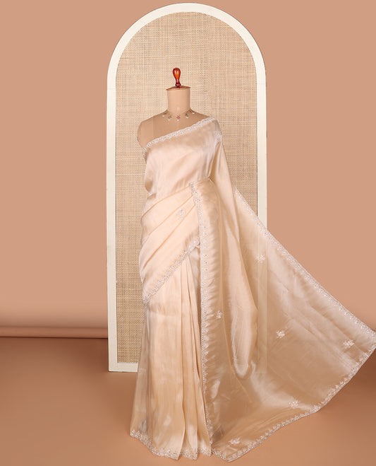 Sandal embroidered designer saree, scallop embroidery border with contrast round neck, floral embroidered readymade elbow sleeve blouse