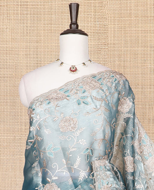 Blue floral vine thread embroidered designer saree, scallop floral border