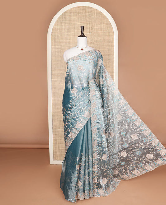 Blue floral vine thread embroidered designer saree, scallop floral border