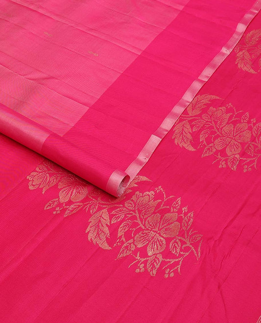 Pink zari buttas Kanchipuram silk saree, contrast geometric patterned border, and floral design pallu