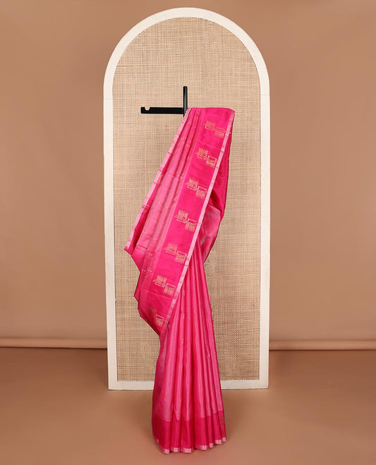 Pink zari buttas Kanchipuram silk saree, contrast geometric patterned border, and floral design pallu