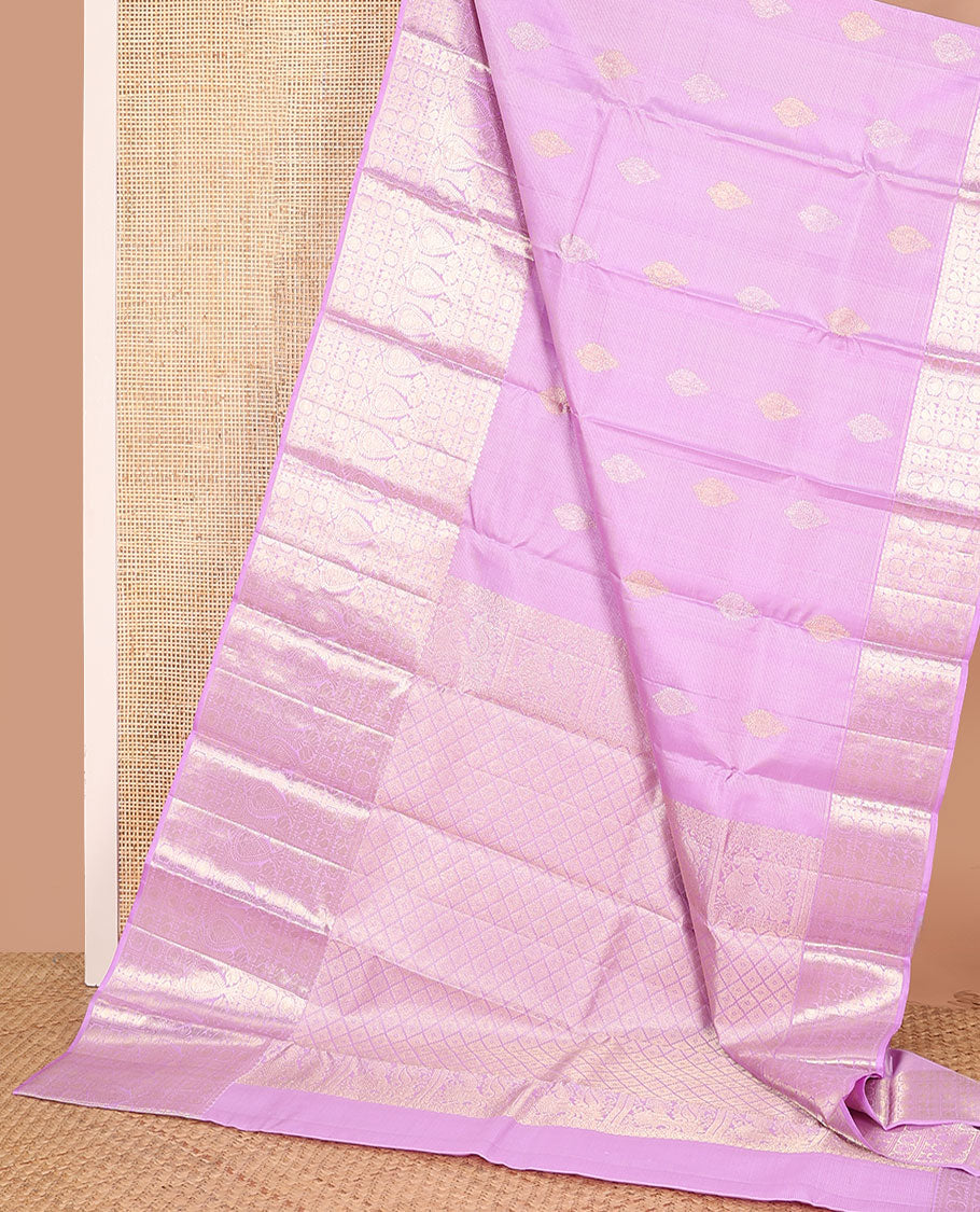 Pink zari design Kanchipuram silk saree, zari border of thilakam mokku, and annam chakram designs, and jaal pallu