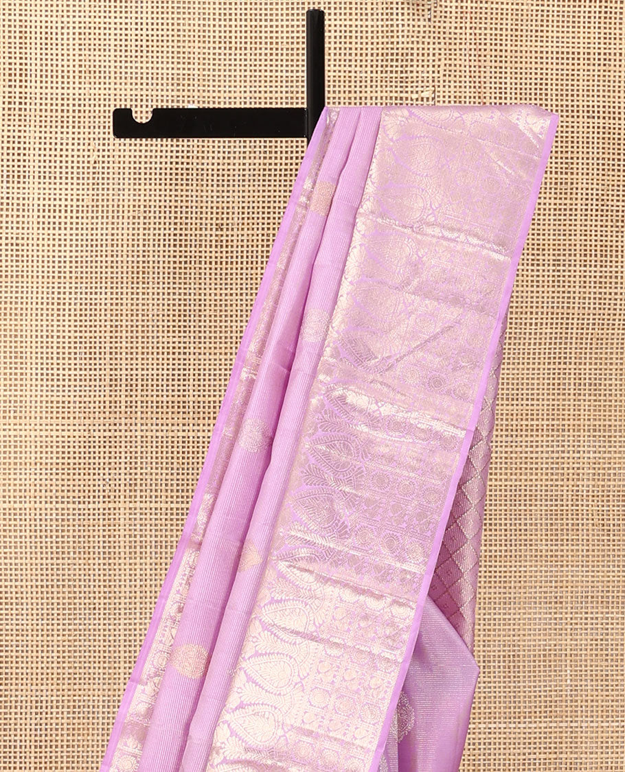 Pink zari design Kanchipuram silk saree, zari border of thilakam mokku, and annam chakram designs, and jaal pallu
