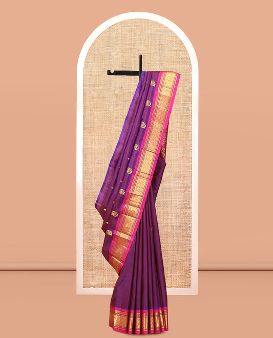 Purple Kanchipuram Silk Saree, Woven with Zari Buttas, Complemented by a Contrast Border of Panner Sombu, Banaras, Muthu, and Jaal Design, Floral Design Pallu, and No Blouse