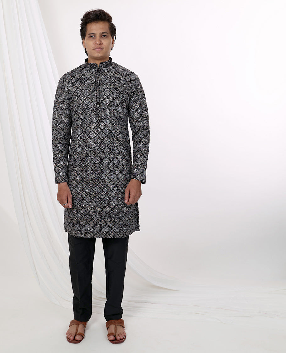 Black floral thread embroidery with sequins work mandarin collar & full-sleeve long raw silk kurta