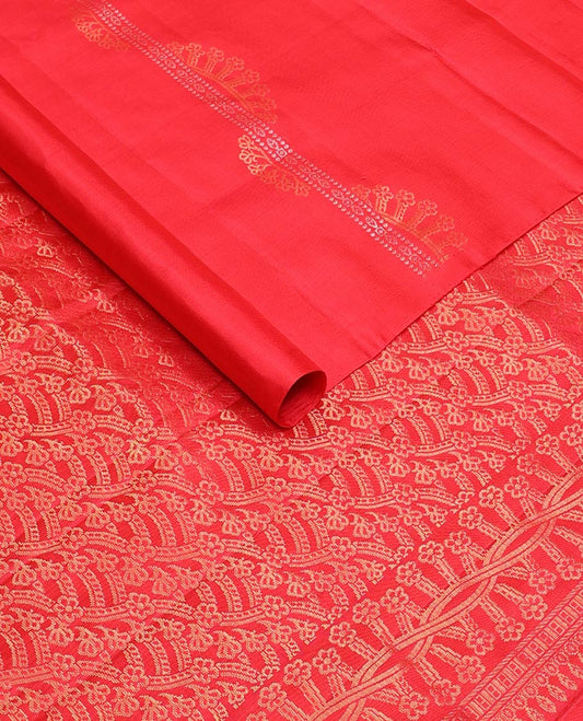 Borderless red zari striped soft silk saree, zari woven pallu of intricate designs