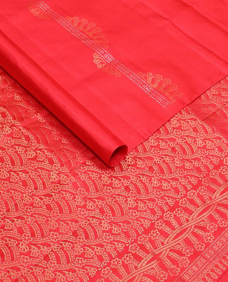 Borderless red zari striped soft silk saree, zari woven pallu of intricate designs