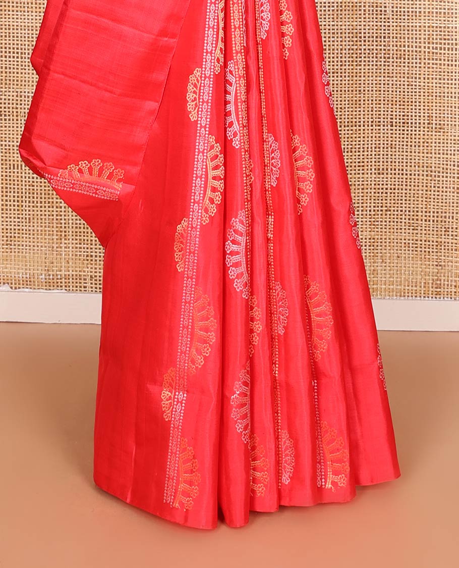 Borderless red zari striped soft silk saree, zari woven pallu of intricate designs