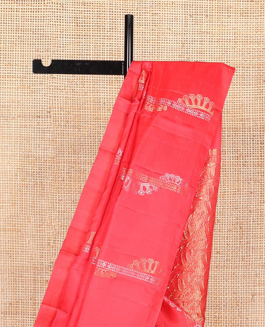 Borderless red zari striped soft silk saree, zari woven pallu of intricate designs