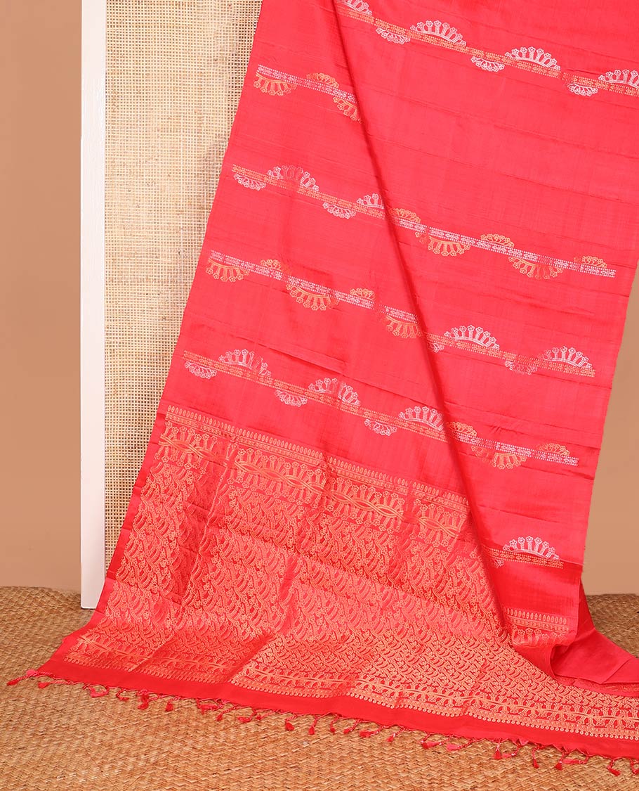 Borderless red zari striped soft silk saree, zari woven pallu of intricate designs