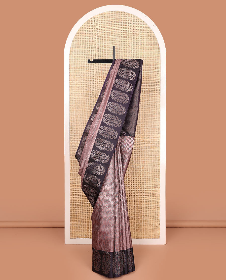 Brown jacquard soft silk saree, contrast floral-paisley design border, and contrast scallop design pallu