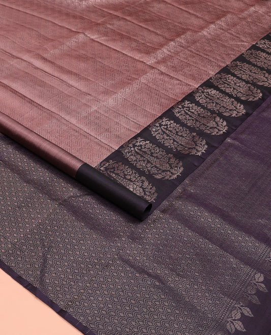 Brown jacquard soft silk saree, contrast floral-paisley design border, and contrast scallop design pallu