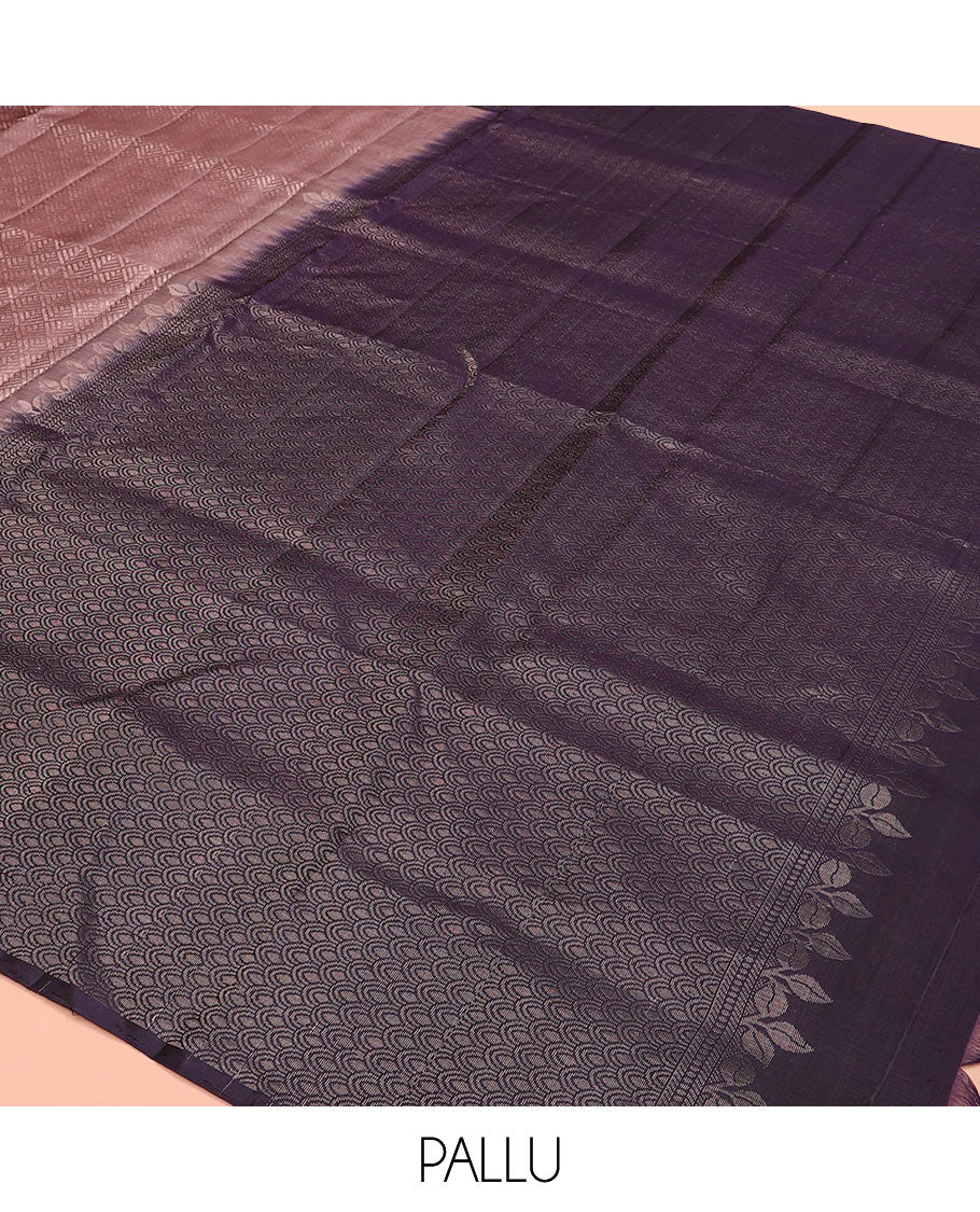 Brown jacquard soft silk saree, contrast floral-paisley design border, and contrast scallop design pallu