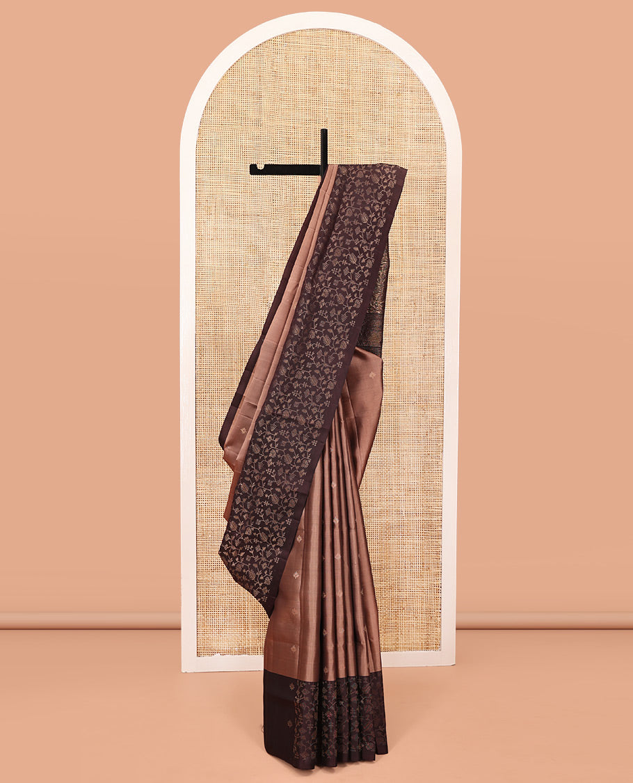 Light Brown Mayuri Lite Silk Mix Saree, Woven with Zari Buttas on Its Body, Complemented by a Contrast Border,  a Contrast Pallu of Intricate Designs, and Paired with a Contrast Blouse