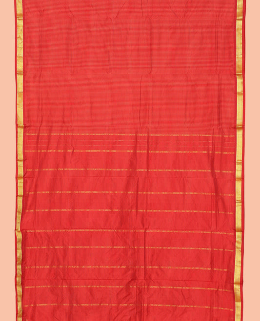Red Checked Nine-Yard Saree, a Subtle Zari Border, Pallu of Stripes, and No Blouse