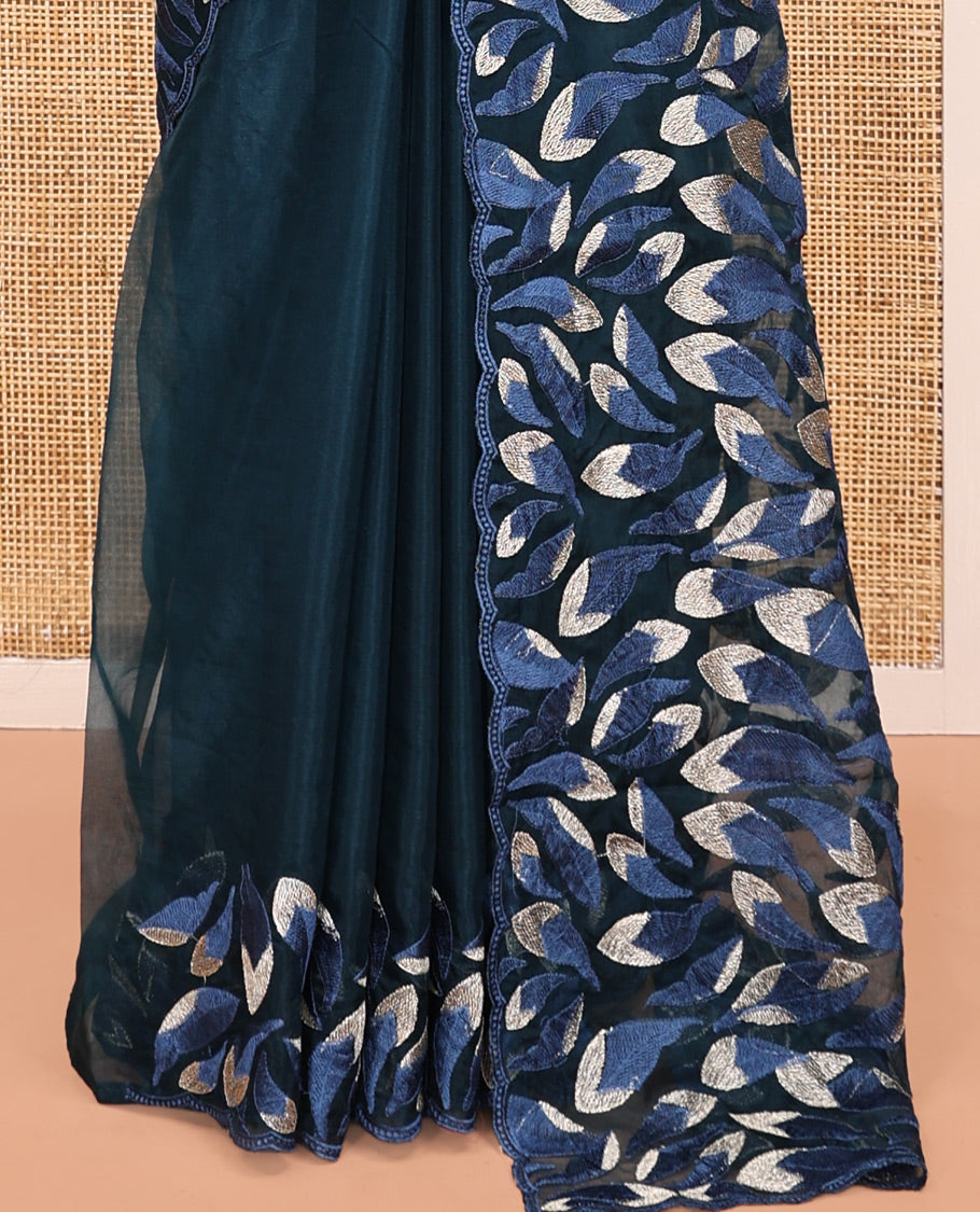 Blue Plain Organza Saree, a Scalloped Leaf-Motif Thread Embroidery Border, Pallu, and a Matching Embroidered Blouse