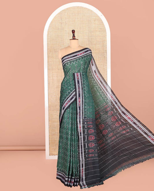 Green Odisha Cotton Saree Showcasing Buttas All Over the Body, Complemented by a Contrast Temple Border of Geometric Patterns, Pallu Depicts Floral Motifs in a Hazily Weave, and Has No Blouse