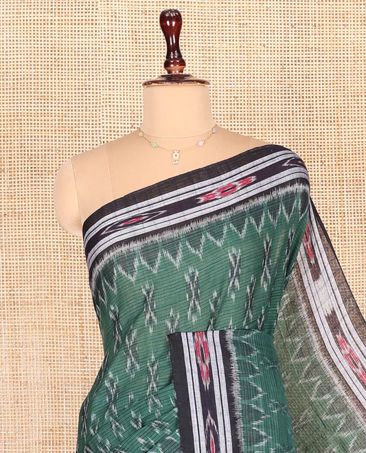Green Odisha Cotton Saree Showcasing Buttas All Over the Body, Complemented by a Contrast Temple Border of Geometric Patterns, Pallu Depicts Floral Motifs in a Hazily Weave, and Has No Blouse