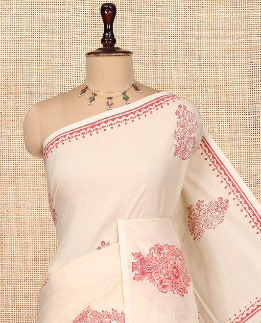 Borderless Cream South Cotton Saree, Floral Buttas Block Print Features a Matching Blouse and a Contrast Blouse