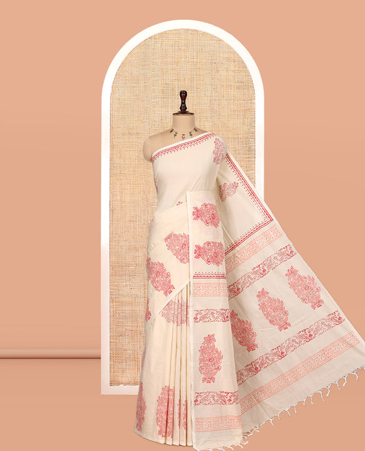 Borderless Cream South Cotton Saree, Floral Buttas Block Print Features a Matching Blouse and a Contrast Blouse