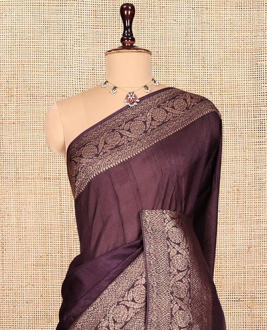 Brown Plain Matka Silk Saree,  Highlighted by Traditional Design Border ogf Floral Designs, Intricately Designed Pallu, and Paired with a Matching Blouse