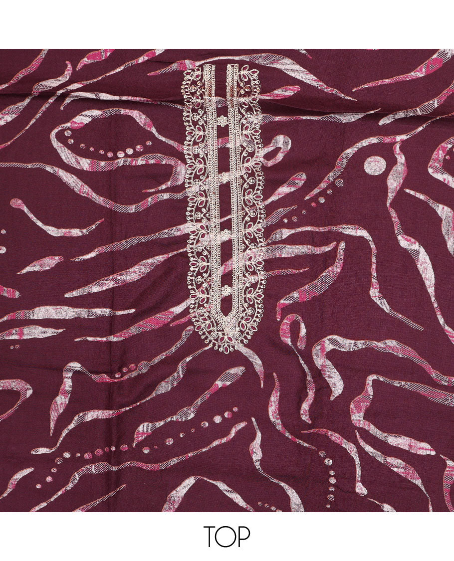 Maroon chudidhar material set,unique print & embroidery rayon top,plain bottom & thread embroidered chanderi silk dupatta