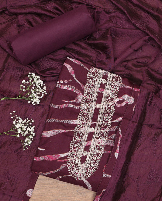 Maroon chudidhar material set,unique print & embroidery rayon top,plain bottom & thread embroidered chanderi silk dupatta