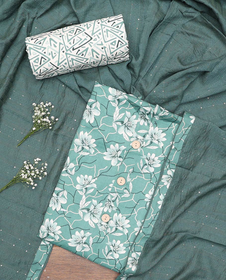 Green material churidar set, floral print with button stitched cotton top, contrast geometric printed cotton bottom, and striped chanderi dupatta of sequins stripes