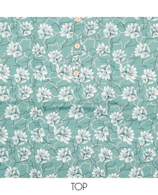 Green material churidar set, floral print with button stitched cotton top, contrast geometric printed cotton bottom, and striped chanderi dupatta of sequins stripes