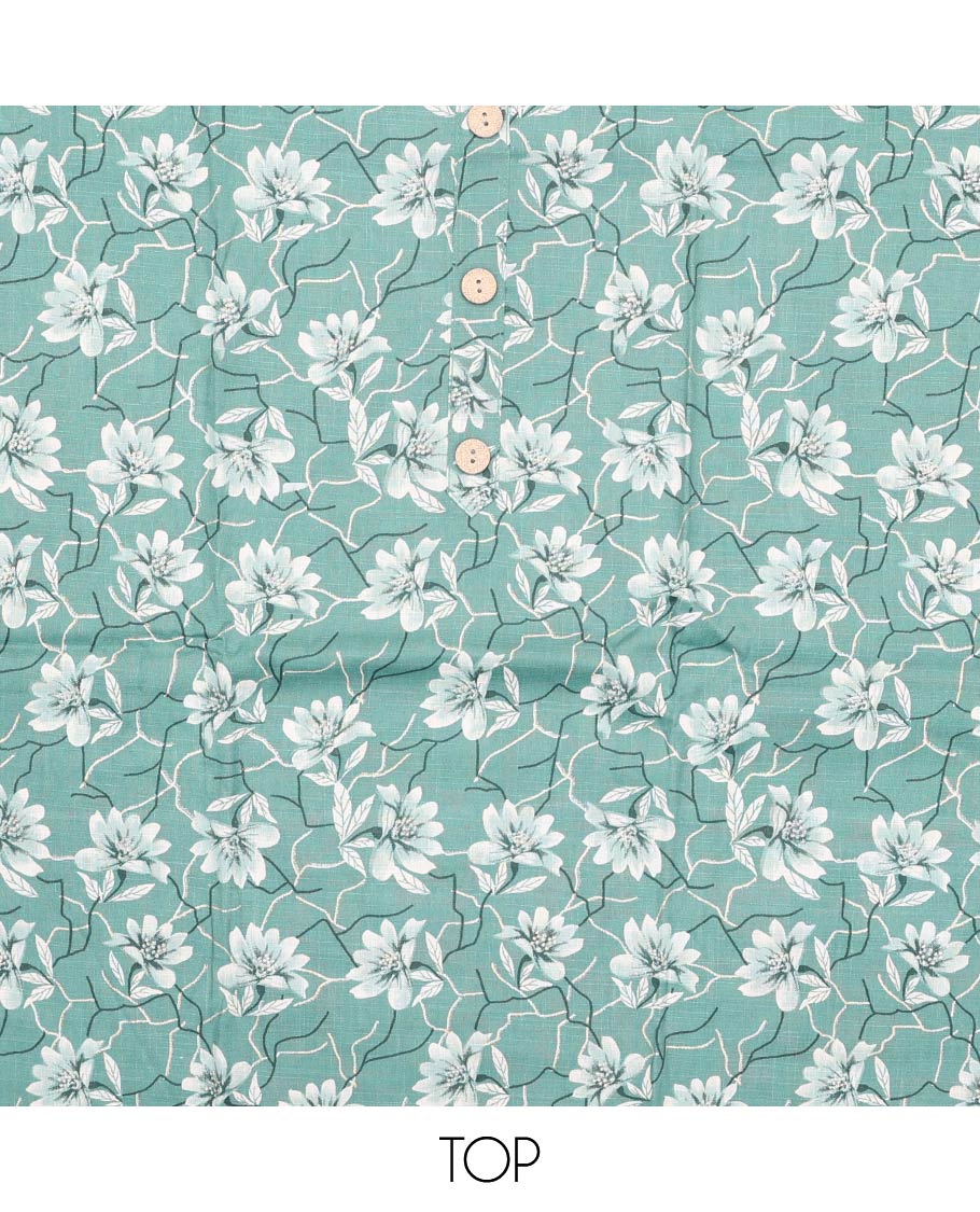 Green material churidar set, floral print with button stitched cotton top, contrast geometric printed cotton bottom, and striped chanderi dupatta of sequins stripes