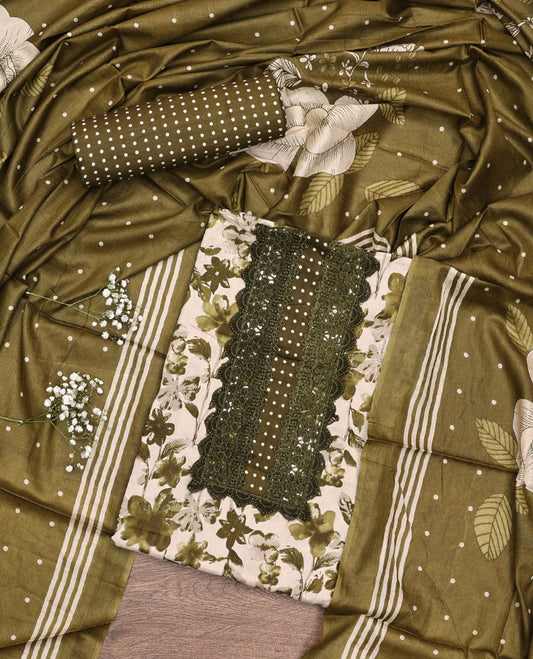 Green Material Chudidar Set, Adorned with Floral Motifs Print and Embroidery on Cotton Top, a Polka Dot Printed Cotton Bottom, and Paired with a Floral Printed Cotton Dupatta
