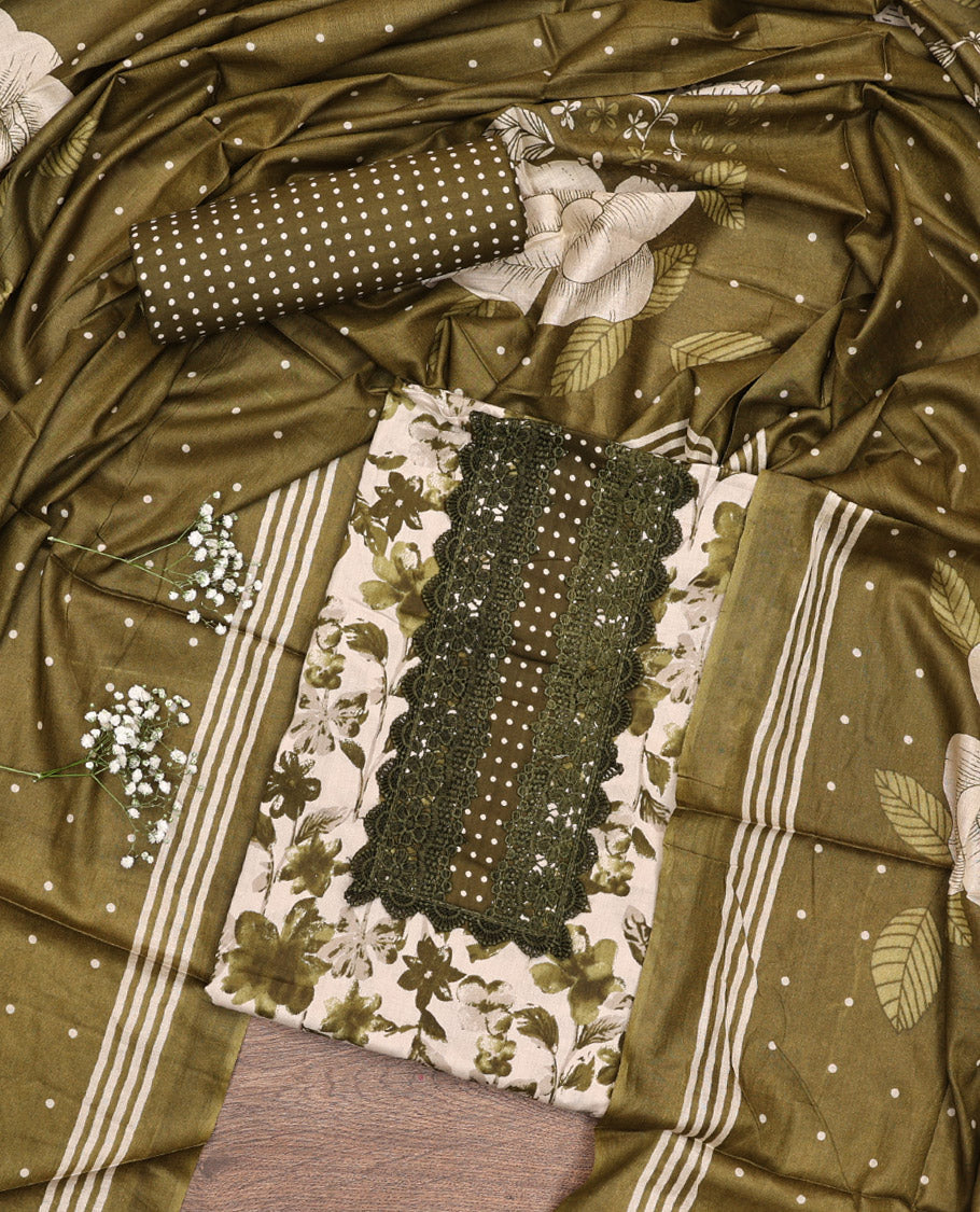 Green Material Chudidar Set, Adorned with Floral Motifs Print and Embroidery on Cotton Top, a Polka Dot Printed Cotton Bottom, and Paired with a Floral Printed Cotton Dupatta