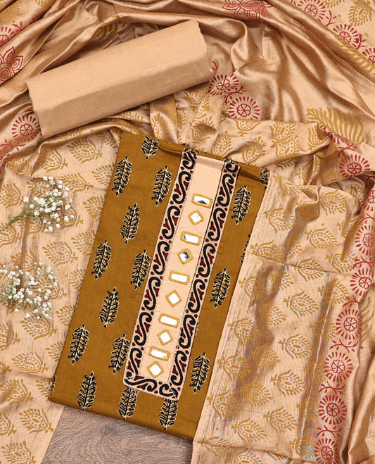 Mustard Cotton Material Chudidar Set, Ornamented with Unique Motifs Block Printed on Its Cotton Top, a Plain Cotton Bottom, and Paired with an Intricately Block Printed Cotton Dupatta