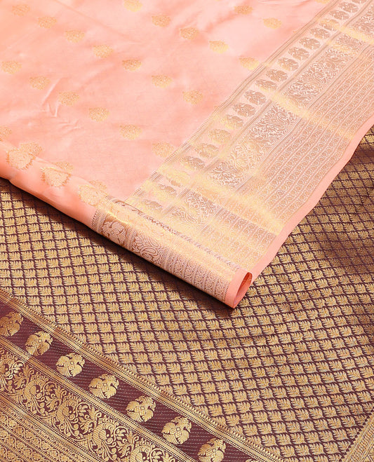 Peach floral buttas vasundhara elite silk saree with self intricate zari design border & floral jaal design pallu