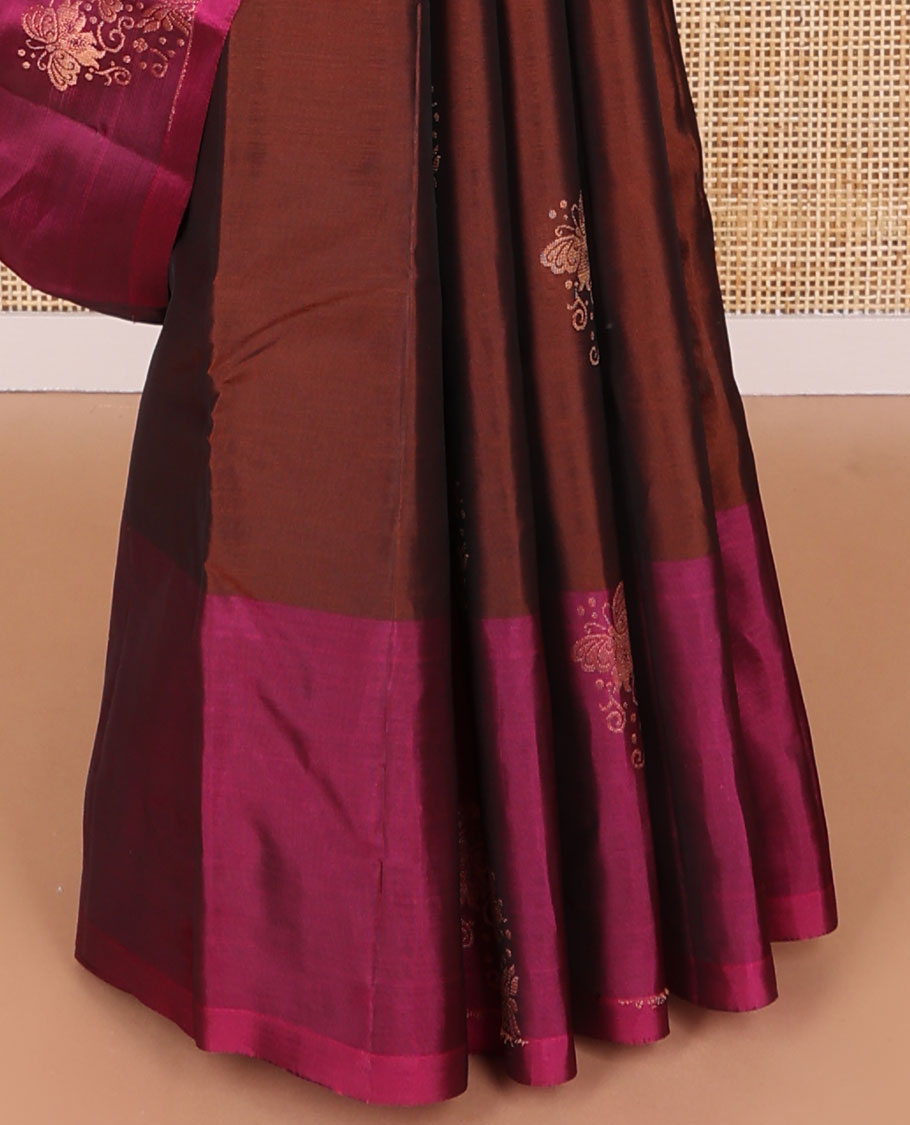 Brown floral buttas vasundhara elite silk saree with contrast floral design border & floral jaal pallu