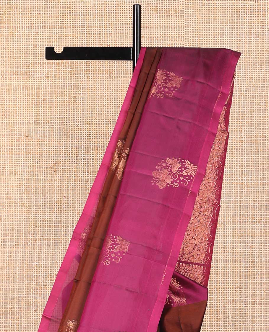 Brown floral buttas vasundhara elite silk saree with contrast floral design border & floral jaal pallu