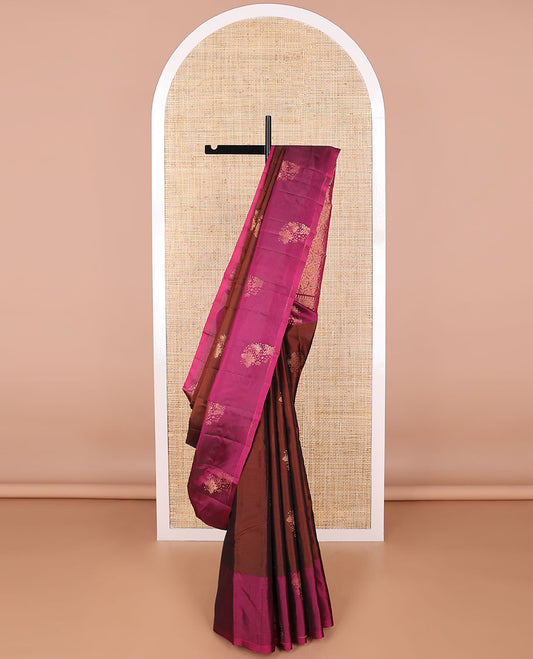 Brown floral buttas vasundhara elite silk saree with contrast floral design border & floral jaal pallu