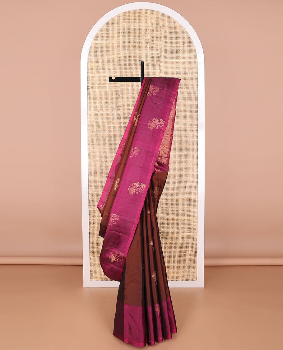 Brown floral buttas vasundhara elite silk saree with contrast floral design border & floral jaal pallu