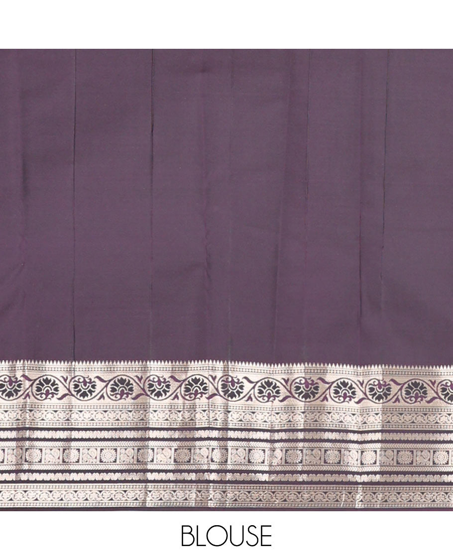 Light blue zari buttas Vasundhara silk mix saree, contrast temple border of kodi visiry, kathir & Annam chakram & intricate pallu