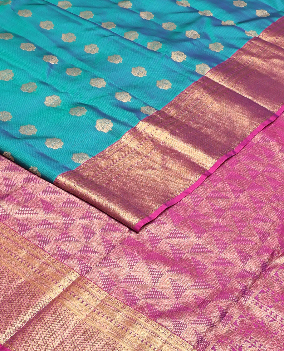 Blue zari buttas vasundhara silk mix saree, contrast border of thilakam, manga,kathir,mayil kann & rudraksham designs & intricate pallu
