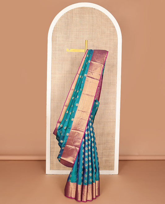 Blue zari buttas vasundhara silk mix saree, contrast border of thilakam, manga,kathir,mayil kann & rudraksham designs & intricate pallu